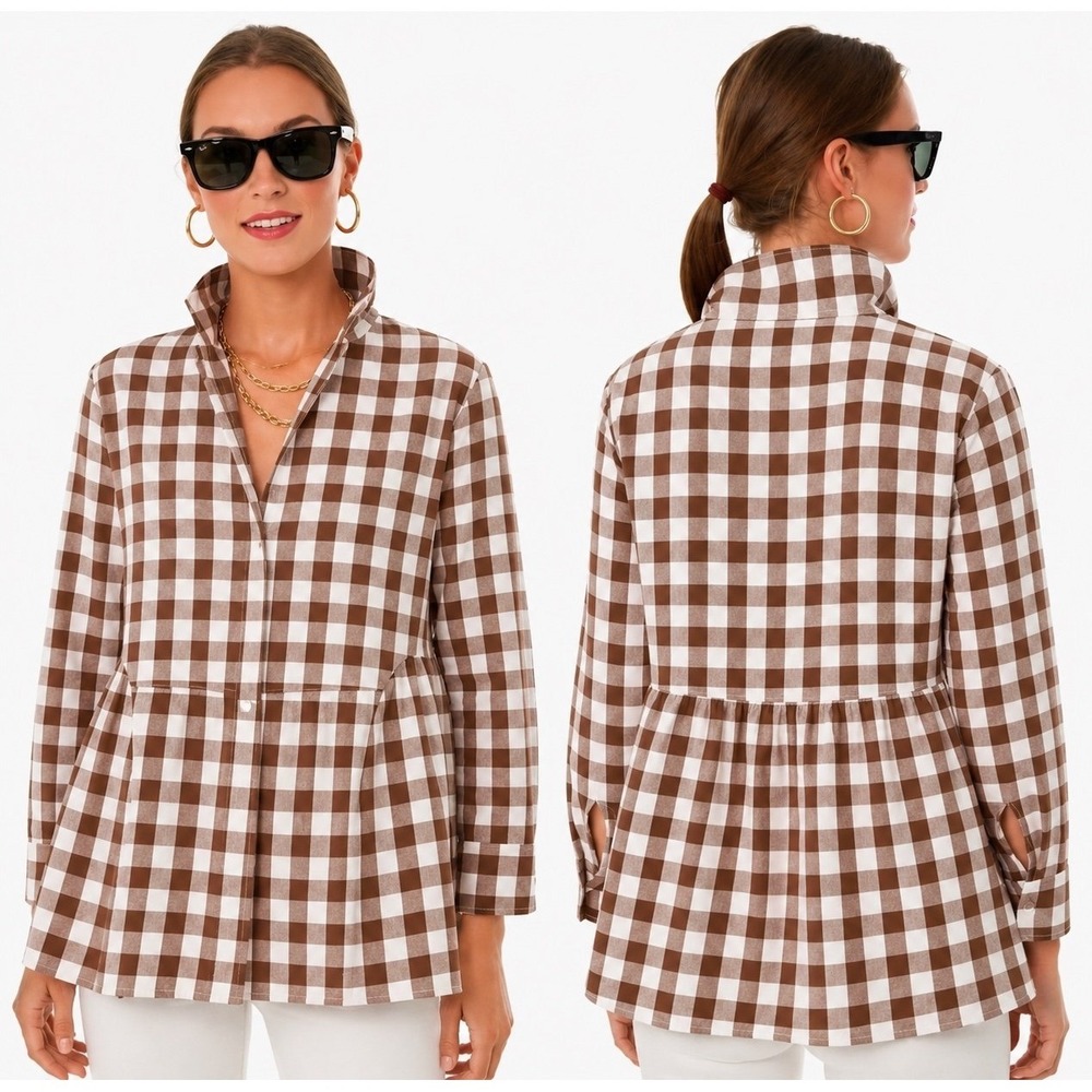 Pomander Place Tuckernuck Brown Gingham Peplum Button Down Shirt S 100% Cotton - Picture 2 of 11